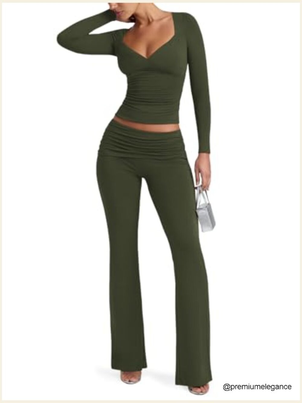 2 Piece Lounge Set Long Sleeve Crop Top Flare Pants Tracksuit - Picture 5 of 7